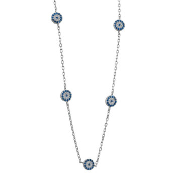 (NP321) Rhodium Plated Sterling Silver Five x Evil Eye Necklace