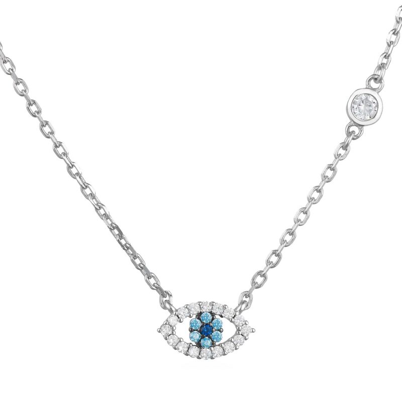 (NP324) Rhodium Plated Sterling Silver Oval 10x6mm CZ Evil Eye Necklace
