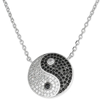 (NP330) Rhodium Plated Sterling Silver Black And White Yin Yan CZ Necklace