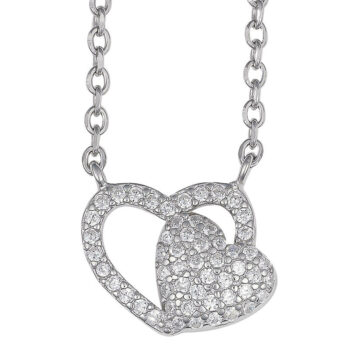 (NP332) Rhodium Plated Sterling Silver Two Heart CZ Necklace