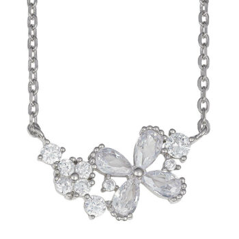 (NP336) Rhodium Plated Sterling Silver Flower CZ Necklace