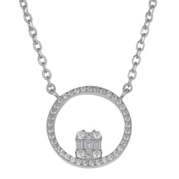 (NP338) Rhodium Plated Sterling Silver Round CZ Necklace