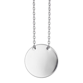 (NP343) Rhodium Plated Sterling Silver Engravable Id 18mm Plain Disk Round Necklace