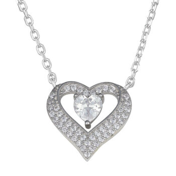(NP349) Rhodium Plated Sterling Silver Heart CZ Necklace