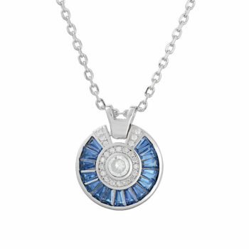 (NP352) Rhodium Plated Sterling Silver Blue Circle Baguette CZ Necklace