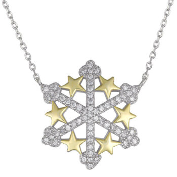 (NP354) Rhodium Plated Sterling Silver Two Tone Gold Plated Snowflake Star Neclace CZ Necklace