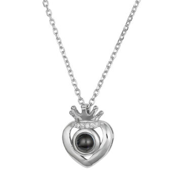 (NP355) Rhodium Plated Sterling Silver I Love You In 100's Of Languages Viewed Though A Glass Heart With Love In Difference Languages CZ Necklace
