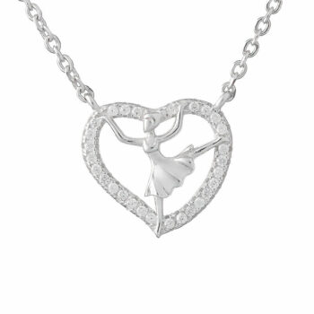 (NP356) Rhodium Plated Sterling Silver Ballerina Heart CZ Necklace