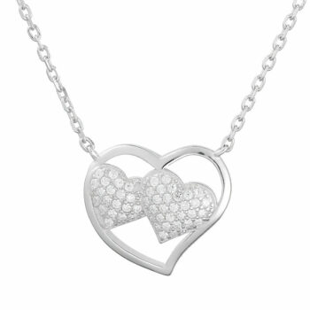 (NP357) Rhodium Plated Sterling Silver Double Heart CZ Necklace