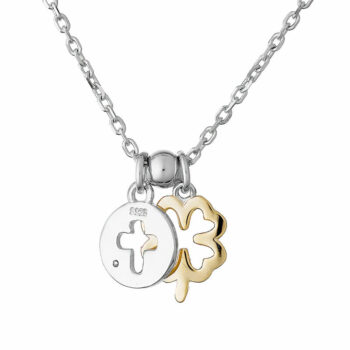 (NP358) Rhodium Plated Sterling Silver Two Tone Gold Plated Fourleaves Clover And Cross CZ Necklace