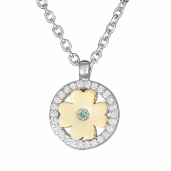 (NP359) Rhodium Plated Sterling Silver Two Tone Gold Plated Fourleaves Clover In Circle CZ Necklace