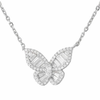 (NP360) Rhodium Plated Sterling Silver Butterfly CZ Necklace