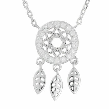 (NP361) Rhodium Plated Sterling Silver Dream Catcher Feather CZ Necklace