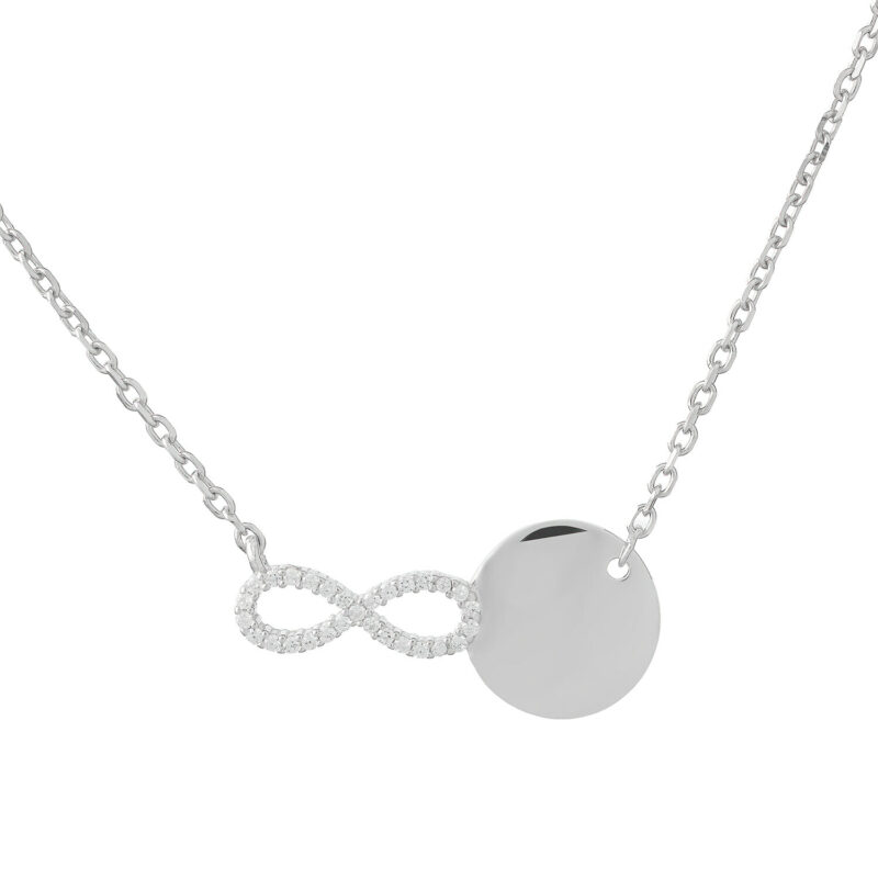 (NP363) Rhodium Plated Sterling Silver Engravable Plain Disk With Infinity Infinity CZ Necklace