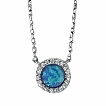 (NP364B) Rhodium Plated Sterling Silver Blue Opalite Round Round Blue Opal Necklace