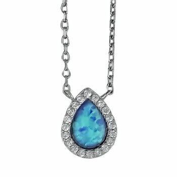 (NP365B) Rhodium Plated Sterling Silver Opalite Tear Drop Pear Pear Teardrop Blue Opal Necklace