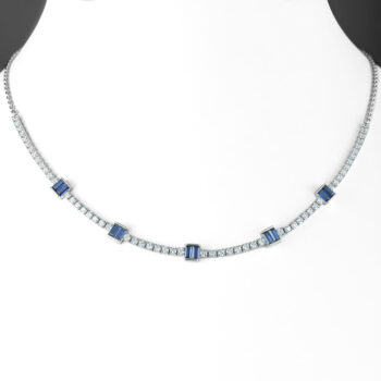 (NP367) Rhodium Plated Sterling Silver Blue Baugette CZ Necklace - 40cm + 5cm Extension