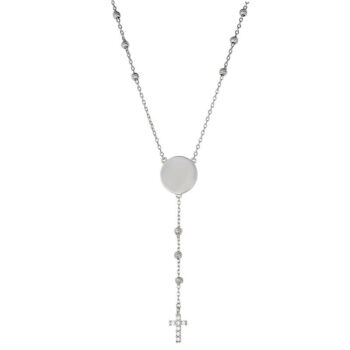 (NP368) Rhodium Plated Sterling Silver Engraveable Disk with CZ Cross Necklace - 43cm + 5cm Extension