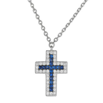 (NP374) Rhodium Plated Sterling Silver Blue Cross CZ Necklace