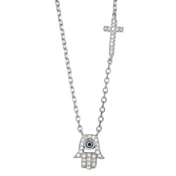 (NP384) Rhodium Plated Sterling Silver Dark Blue Enamel Evil Eye Hand of Fatima with Cross CZ Necklace