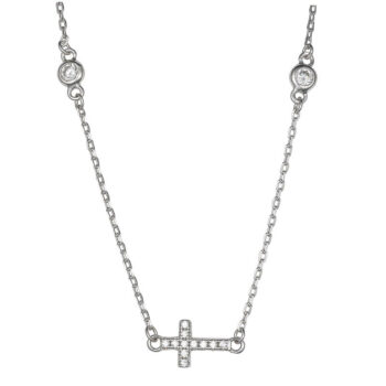 (NP386) Rhodium Plated Sterling Silver CZ Cross Necklace