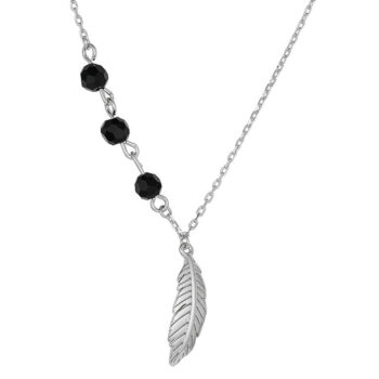 (NP388) Rhodium Plated Sterling Silver CZ Feather With Black Stones Necklace
