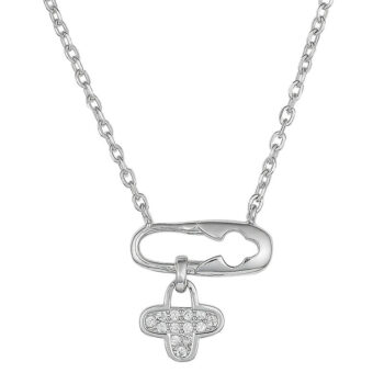 (NP394) Rhodium Plated Sterling Silver Safety Pin With CZ Hanging Cross Necklace