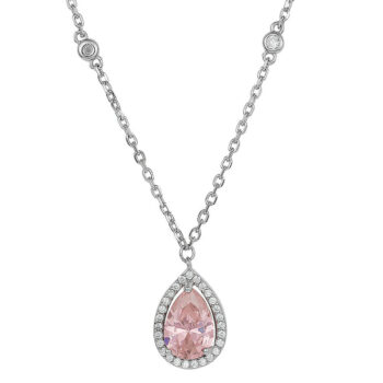 (NP395) Rhodium Plated Sterling Silver Pink Teardrop CZ Necklace