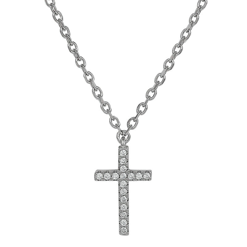 (NP396) Rhodium Plated Sterling Silver CZ Cross Necklace - TJD Silver