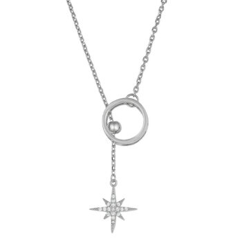 (NP398) Rhodium Plated Sterling Silver Circle With Falling CZ Star Necklace