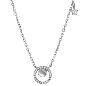 (NP399) Rhodium Plated Sterling Silver Circle In Circle CZ Necklace