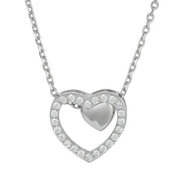 (NP400) Rhodium Plated Sterling Silver Plain Heart Ins IDe CZ Heart Necklace
