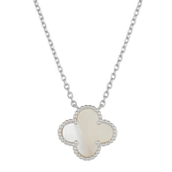 (NP407) Rhodium Plated Sterling Silver Mother Of Pearl Four Leaf Clover Necklace