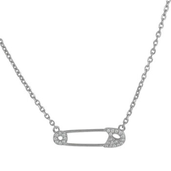 (NP408) Rhodium Plated Sterling Silver CZ Safety Pin Necklace