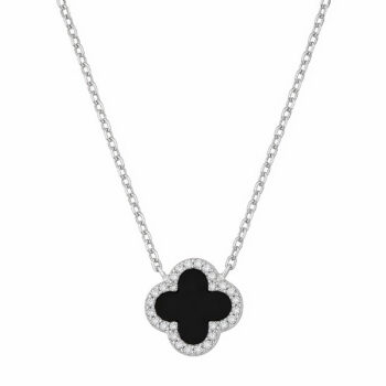 (NP412) Sterling Silver Rhodium Plated Four-Leaf Clover with CZ Necklace (formerly NP193)