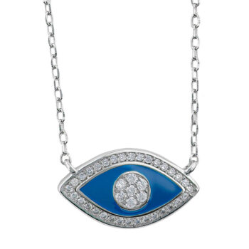 (NP423) Rhodium Plated Sterling Silver Oval Light Blue Evil Eye Enamel CZ Bracelet