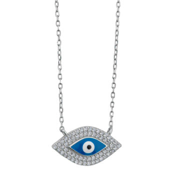 (NP424) Rhodium Plated Sterling Silver Oval Light Blue Evil Eye Enamel CZ Bracelet