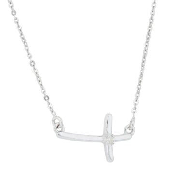 (NPD002) Rhodium Plated Sterling Silver Cross Necklace With Diamond