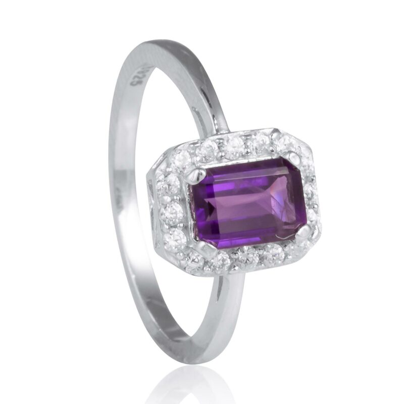 (NR015) Amethyst Rectangle Rhodium Plated Sterling Silver CZ Ring