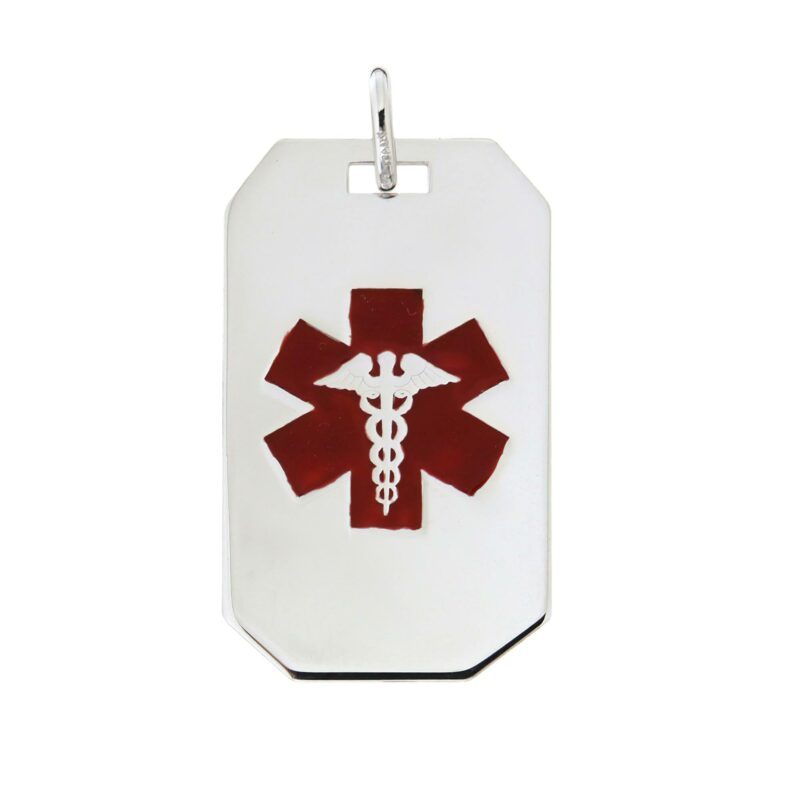 (P182) Rhodium Plated Sterling Silver Medical ID Dog Tag Pendant With Red Enamel - 18x30mm