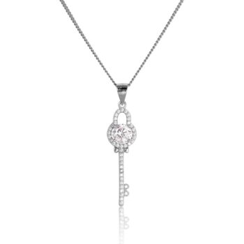 (P188) Rhodium Plated Sterling Silver Key Necklace Pendant with CZ