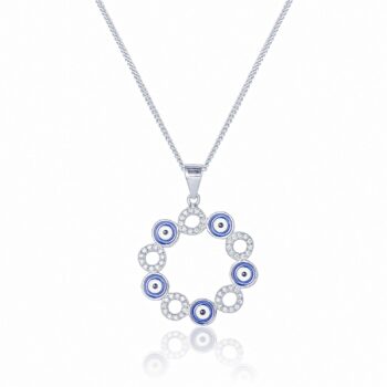(P284) Blue Rhodium Plated Sterling Silver Five Evil Eye Pendant With CZ