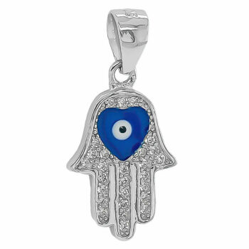 (P328) Rhodium Plated Sterling Silver Evil Eye Heart CZ Pendant With Hand Of Fatima