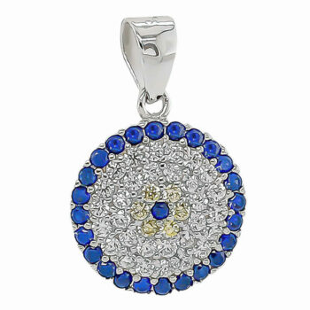 (P355) Rhodium Plated Sterling Silver Round Blue and Yellow Evil Eye CZ Pendant