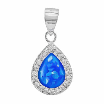 (P380B) Rhodium Plated Sterling Silver Blue Pear Created Opal And CZ Pendant - 10X12mm