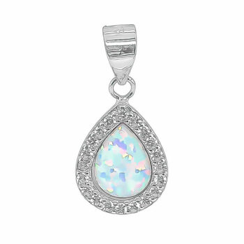 (P380W) Rhodium Plated Sterling Silver White Pear Created Opal And CZ Pendant - 10X12mm