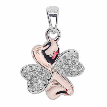 (P381) Rhodium Plated Sterling Silver Two Tone Rose Plated 4 Leaf Clover Pendant