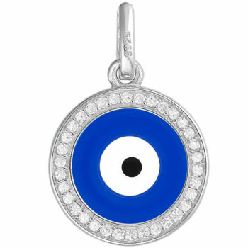 (P390) Rhodium Plated Sterling Silver Evil Eye Round Pendant