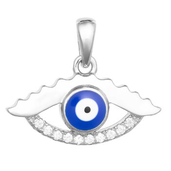 (P392) Rhodium Plated Sterling Silver Evil Eye Pendant