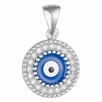 (P393) Rhodium Plated Sterling Silver Evil Eye Round Pendant